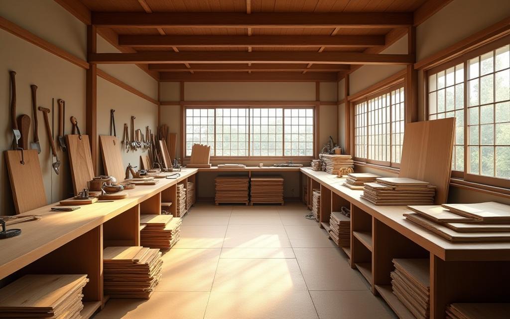 Clean and organized interior of Mokuzai Koubou's traditional woodworking workshop in Kyoto, showing various tools and wood planks.