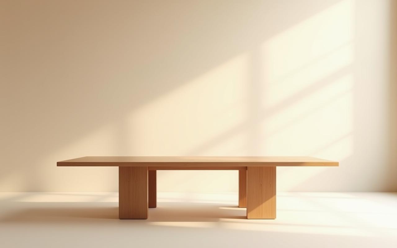 Elegant dining table made of light cherry wood, featuring visible traditional Japanese joinery details.