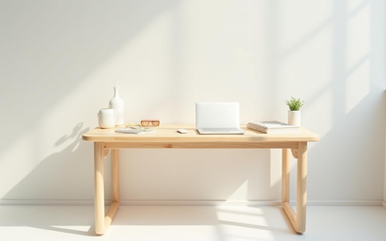 Lightweight cedar wood desk designed for a minimalist study, featuring clean lines and a spacious surface.