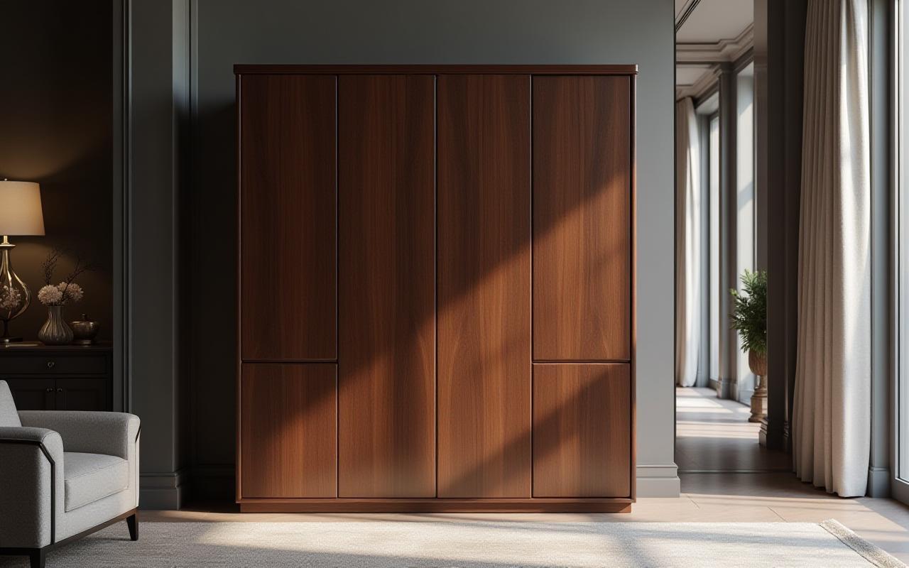 Dark walnut wood cabinet with sleek, handle-less design, perfect for a modern living room or sophisticated study.