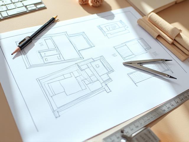 Sketch and tools for custom furniture design, showing a blueprint and measuring tape.