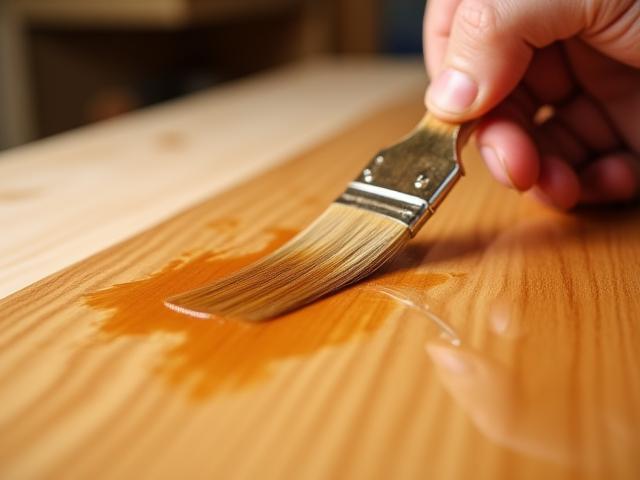Close-up of a hand applying wood finish to a smooth wooden surface with a brush, emphasizing quality.