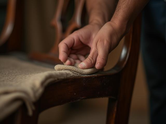 Hand gently restoring an antique wooden chair, showing careful sanding of a delicate curve.