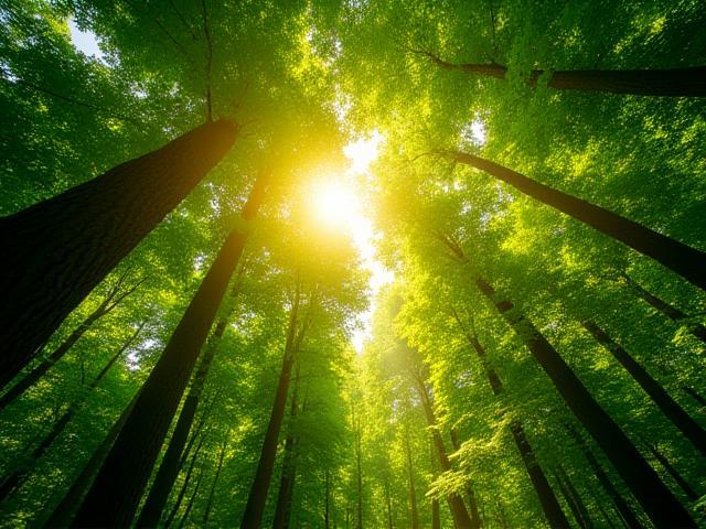 Lush, healthy forest canopy with sunlight filtering through, symbolizing sustainable forestry.