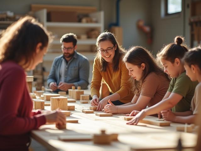 Group of people participating in a woodworking workshop, focused on their projects with guidance from an instructor.