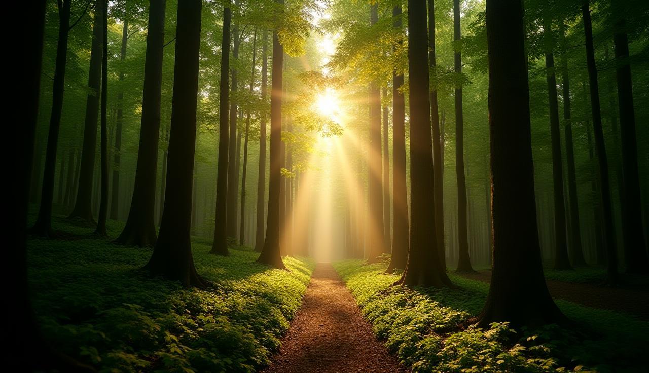 Lush, healthy forest indicating sustainable forestry practices with sunlight filtering through tall trees.