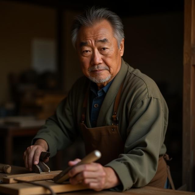 中村 健太 (Nakamura Kenta) - 木材工房の代表であり木工職人。真剣な表情で木工道具を持つ姿。