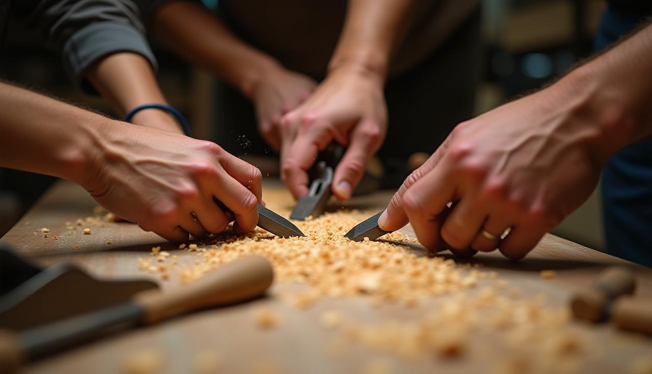 Participants' hands working on wood during a workshop, guided by a craftsman's hands showing a technique.